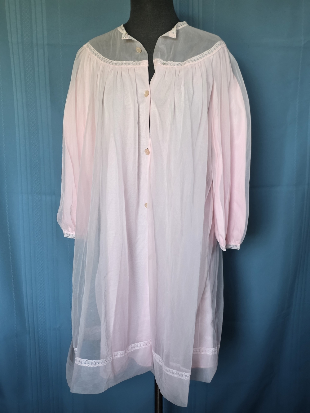 Gossard Artemis Pink Sheer Illusion Fleece Lined Peignoir Robe Vtg 70's M